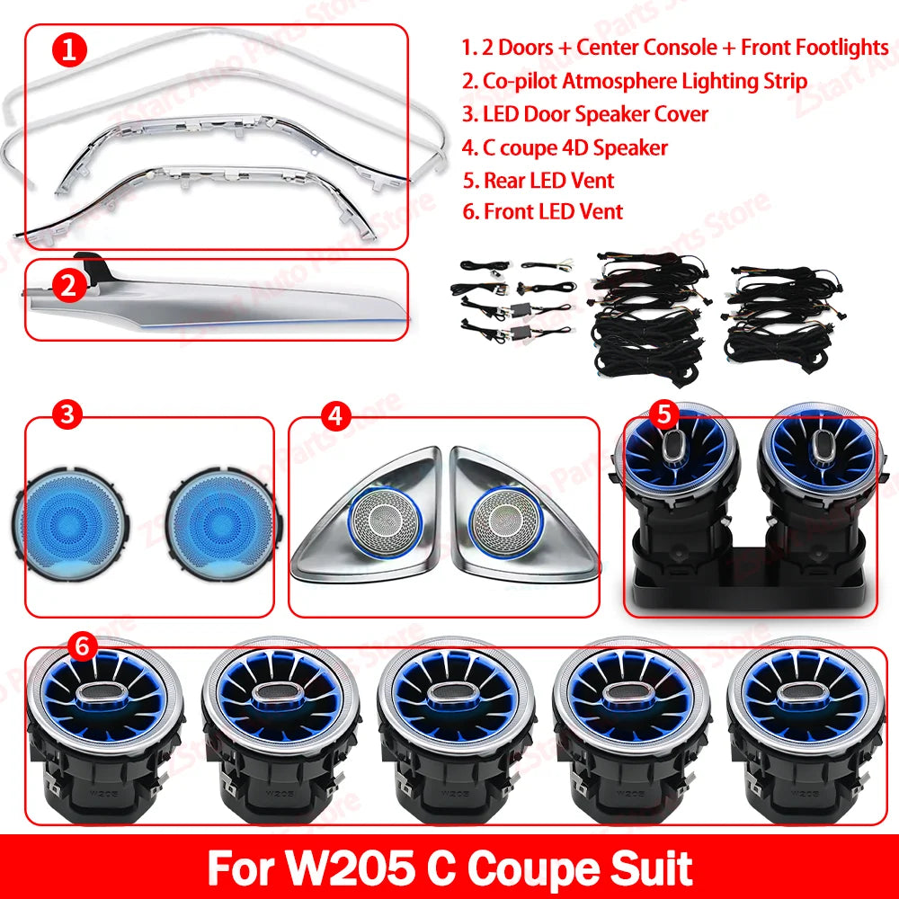 64 Colors Led For Mercedes-Benz C GLC W205 X253 Coupe For AMG C43 C63 MB Led Door Dashboard Lamp Air Vent Nozzle Ambient Light