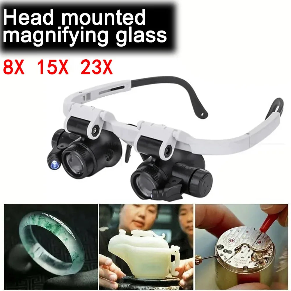 Magnifying Glass 8X/15X/23X Jeweler Watchmaker with LED Light Telescopic Headband Magnifier Glasses Reading Loupes Eyewear