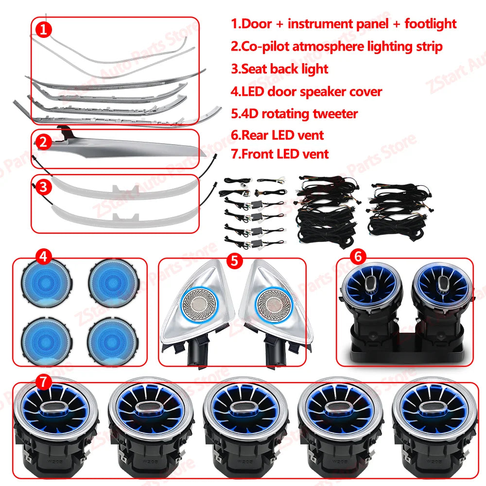64 Colors Led For Mercedes-Benz C GLC W205 X253 Coupe For AMG C43 C63 MB Led Door Dashboard Lamp Air Vent Nozzle Ambient Light