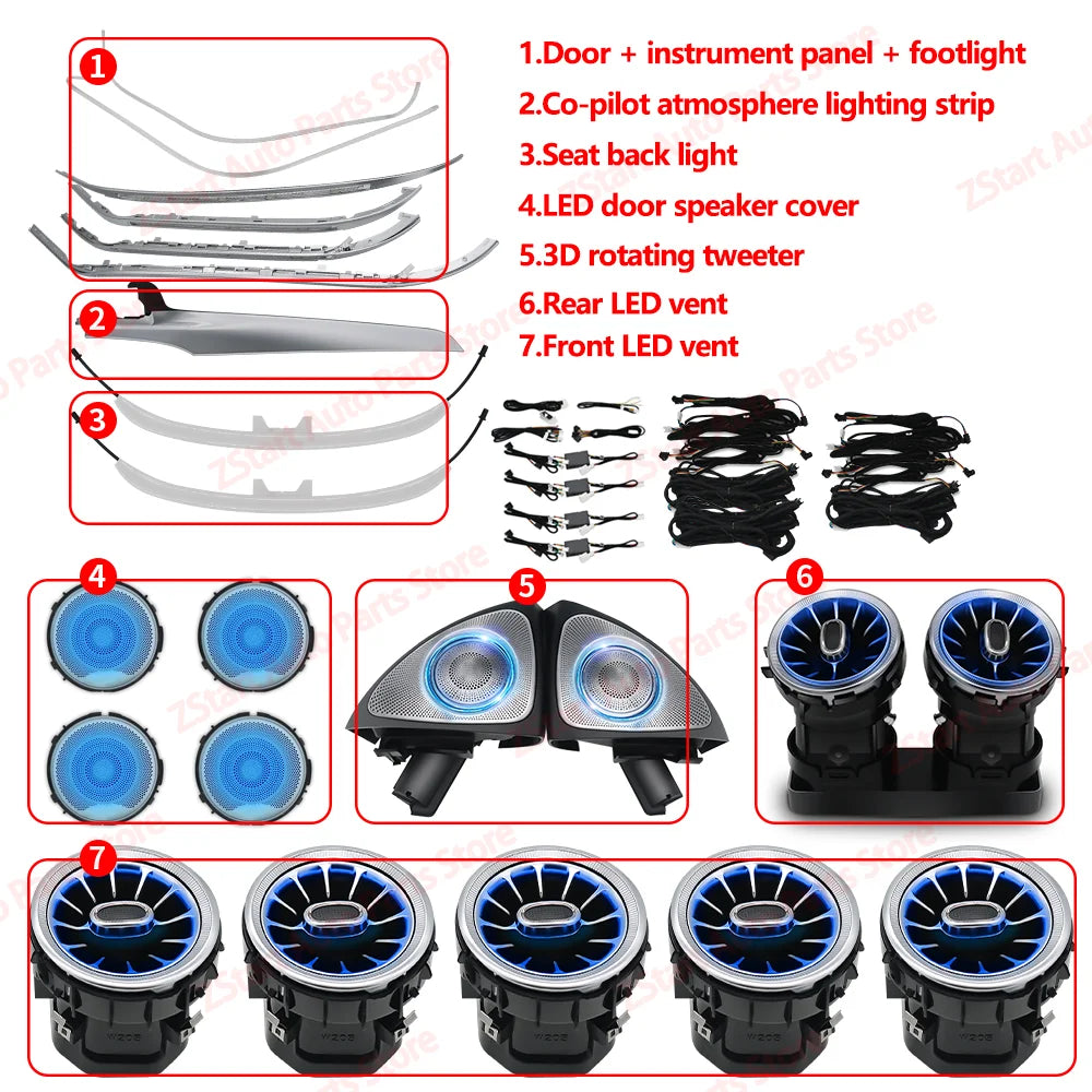 64 Colors Led For Mercedes-Benz C GLC W205 X253 Coupe For AMG C43 C63 MB Led Door Dashboard Lamp Air Vent Nozzle Ambient Light